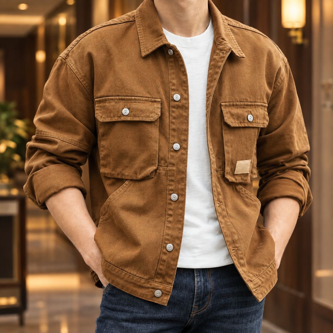 Full view of the four-pocket men's denim utility jacket styled for casual wear