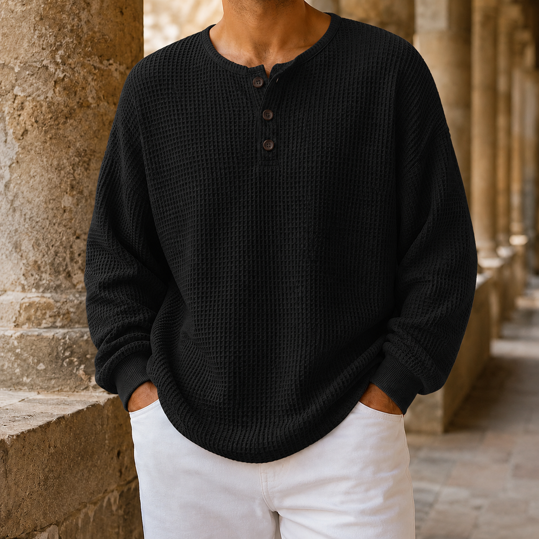 Side view of the men's waffle knit Henley sweater