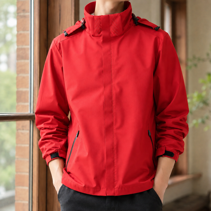 Front zip fastening detail on a men's hooded jacket