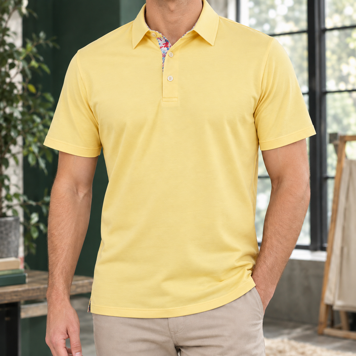Men's polo shirt showing the short sleeves and collared neckline