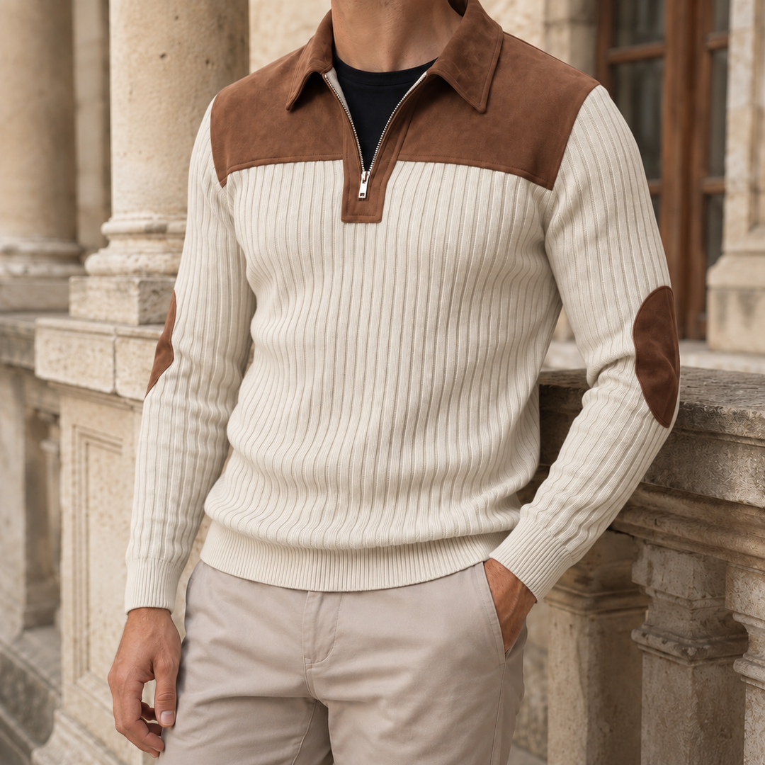 Men's ribbed quarter zip sweater styled as a versatile casual layer