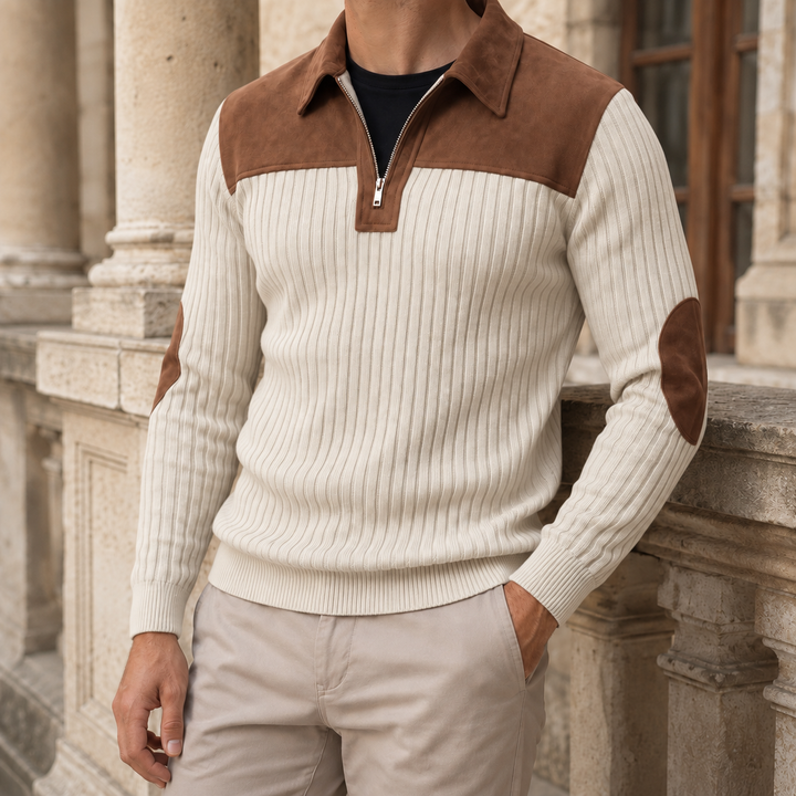 Men's ribbed quarter zip sweater styled as a versatile casual layer