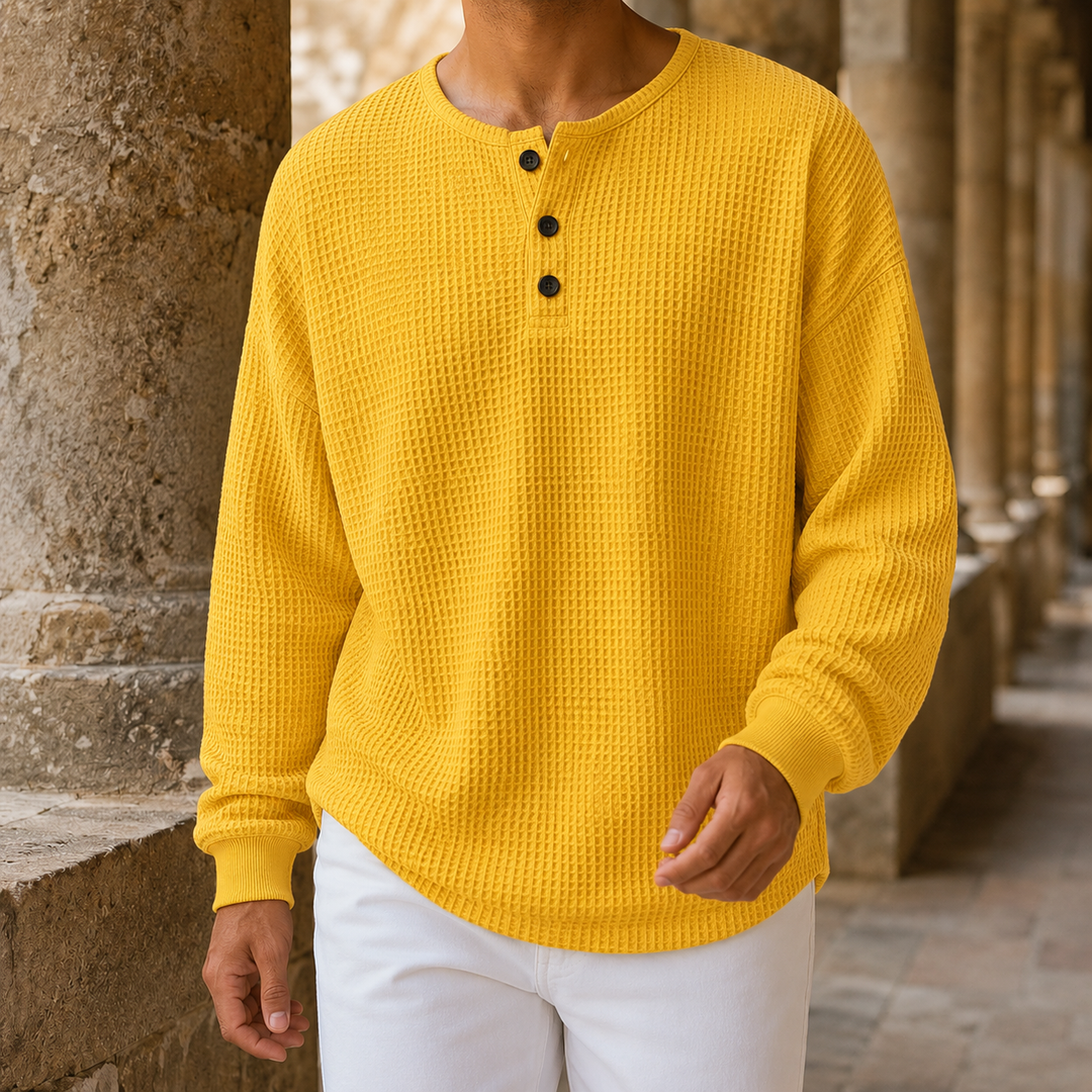 Back view of the men's waffle knit Henley sweater