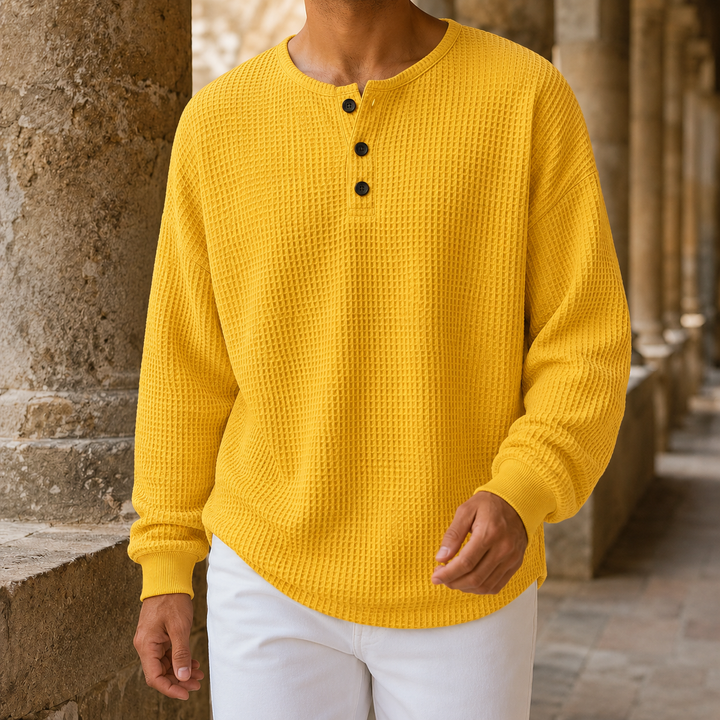 Back view of the men's waffle knit Henley sweater
