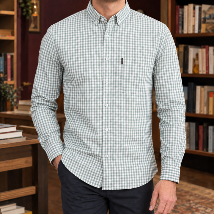 Cuff and sleeve detail on a men's cotton gingham shirt