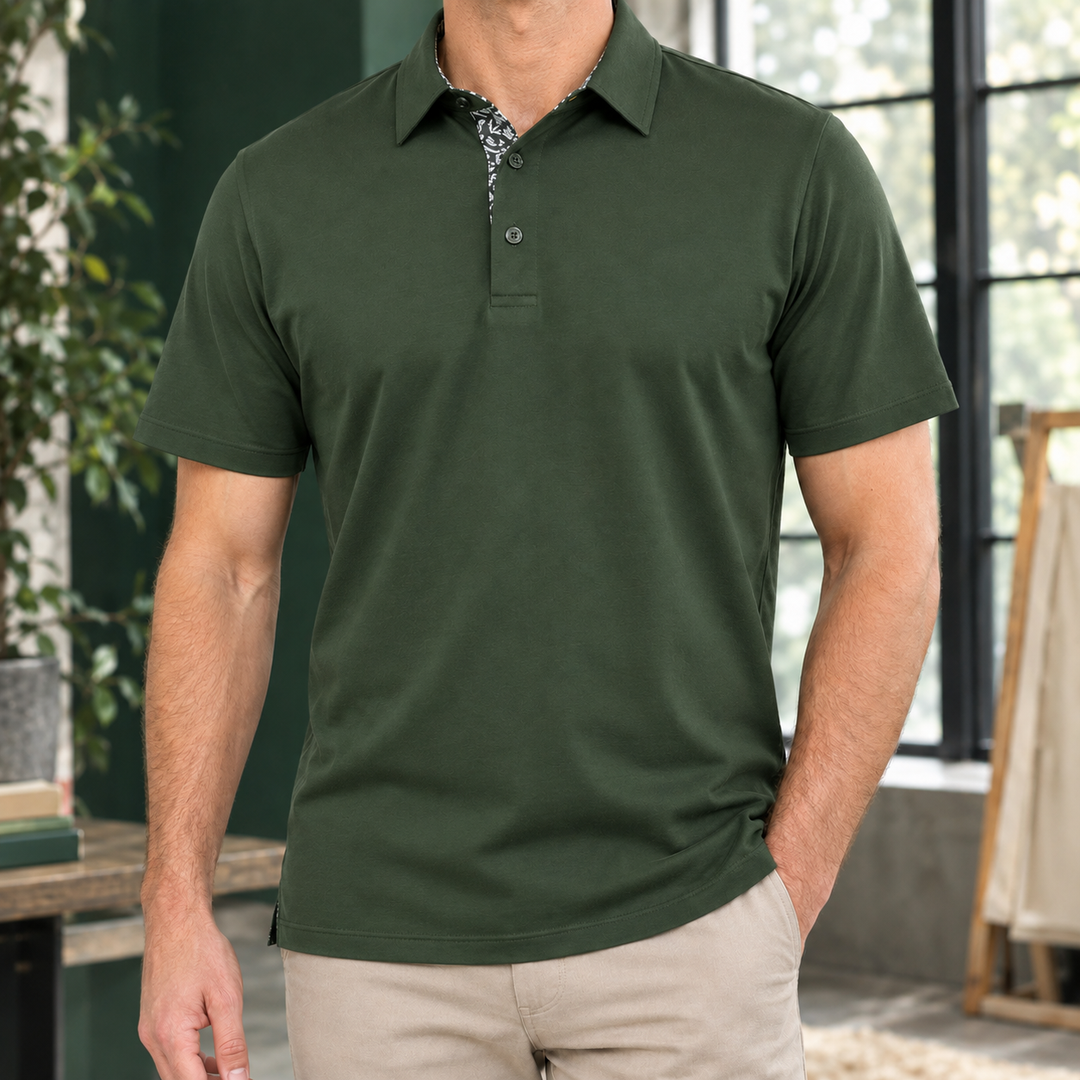 Men's Contrast Collar Woven Polo Shirt