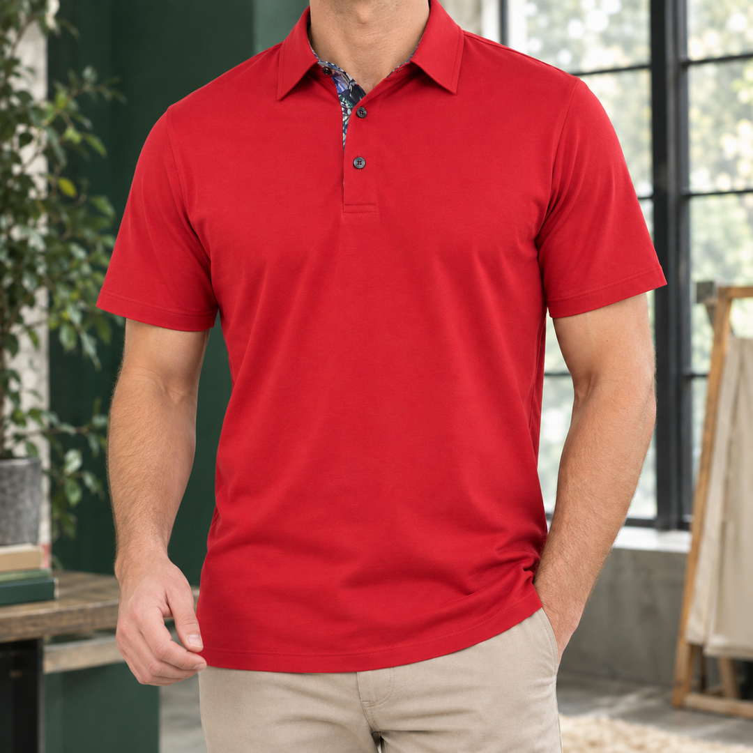 Men's contrast collar polo shirt styled for a smart-casual outfit