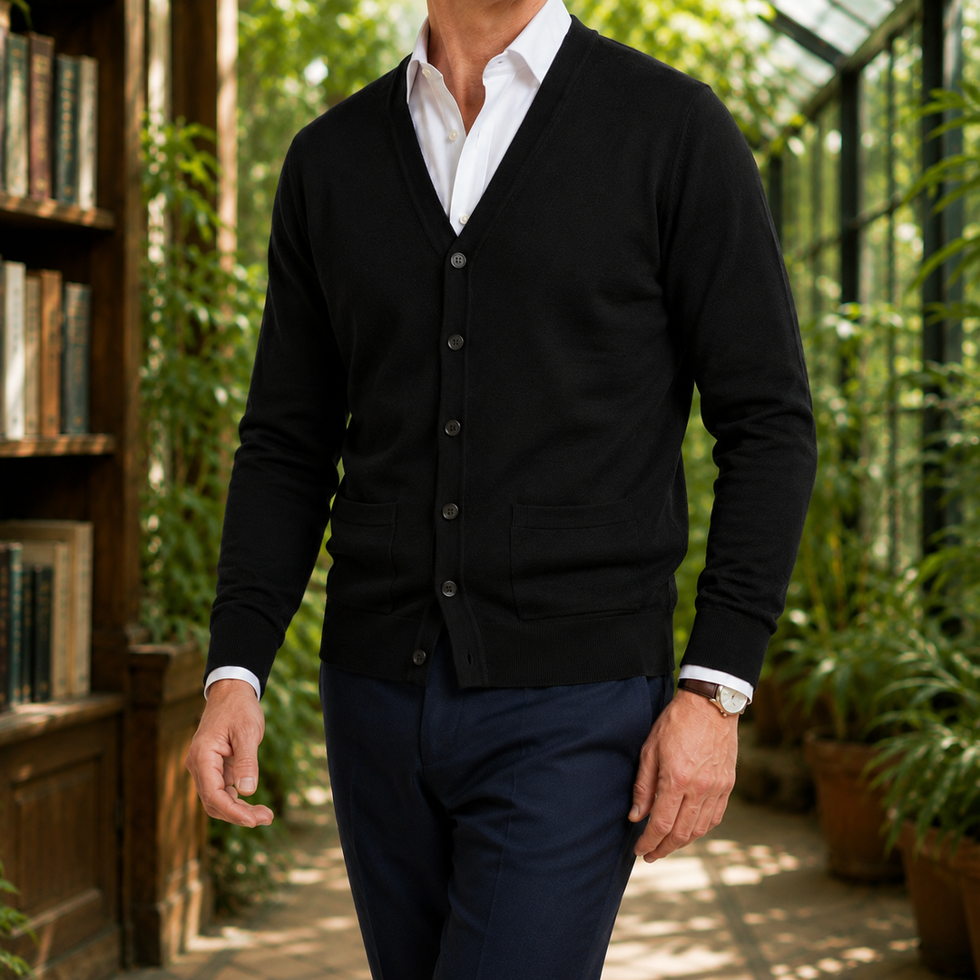 Men's V-neck knit sweater displayed as a versatile wardrobe layer