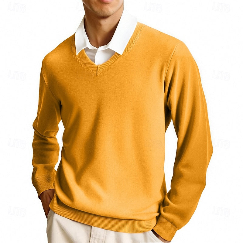 Side view of a men's fine knit V-neck jumper