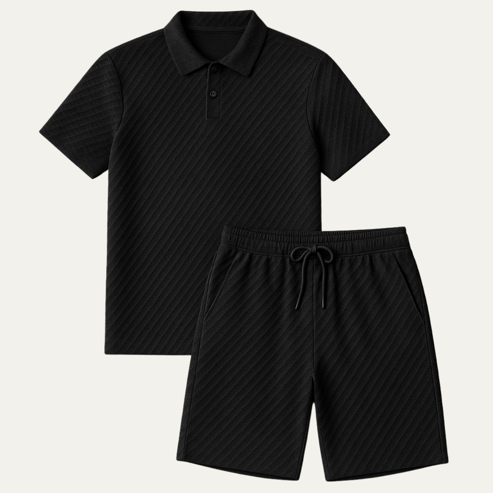 Men's textured polo and shorts matching set angled view