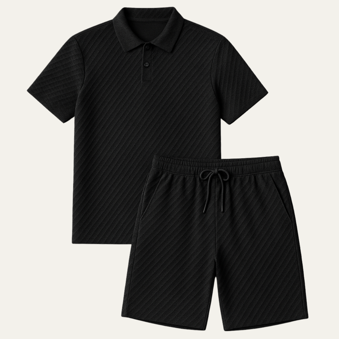 Men's textured polo and shorts matching set angled view