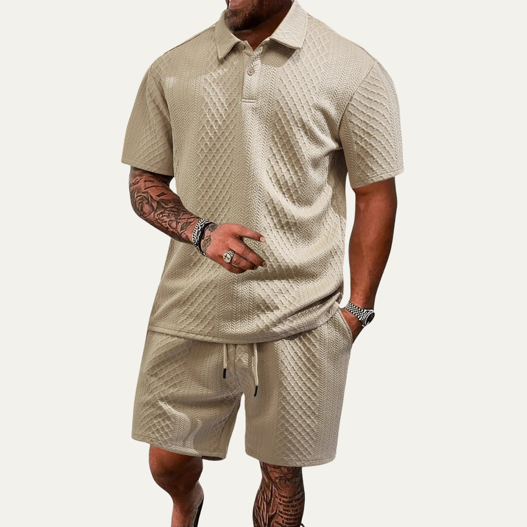 Men's jacquard polo and shorts summer co-ord front view