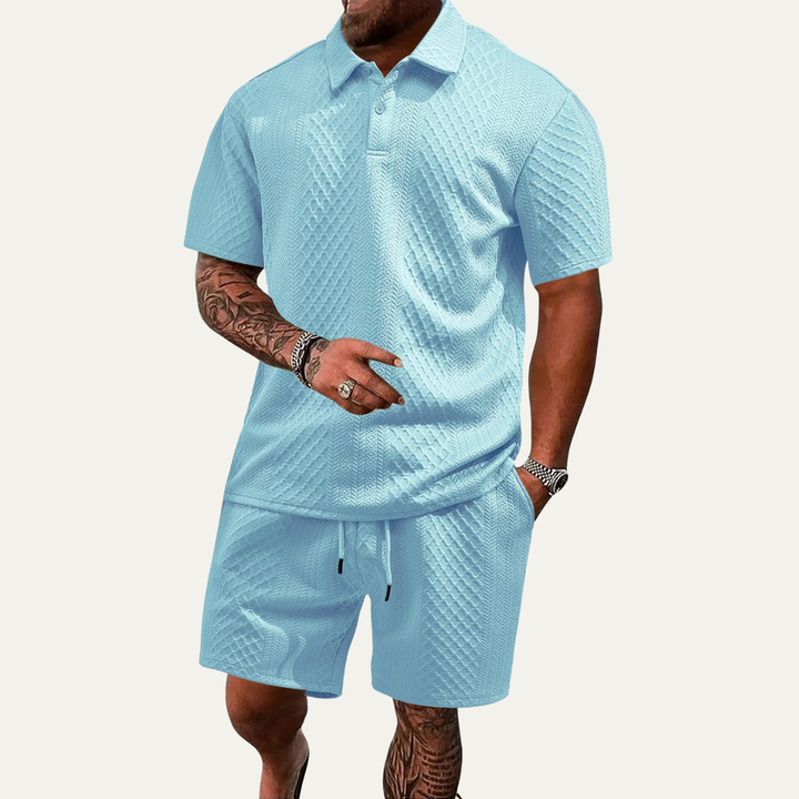 Men's summer co-ord with jacquard texture close-up