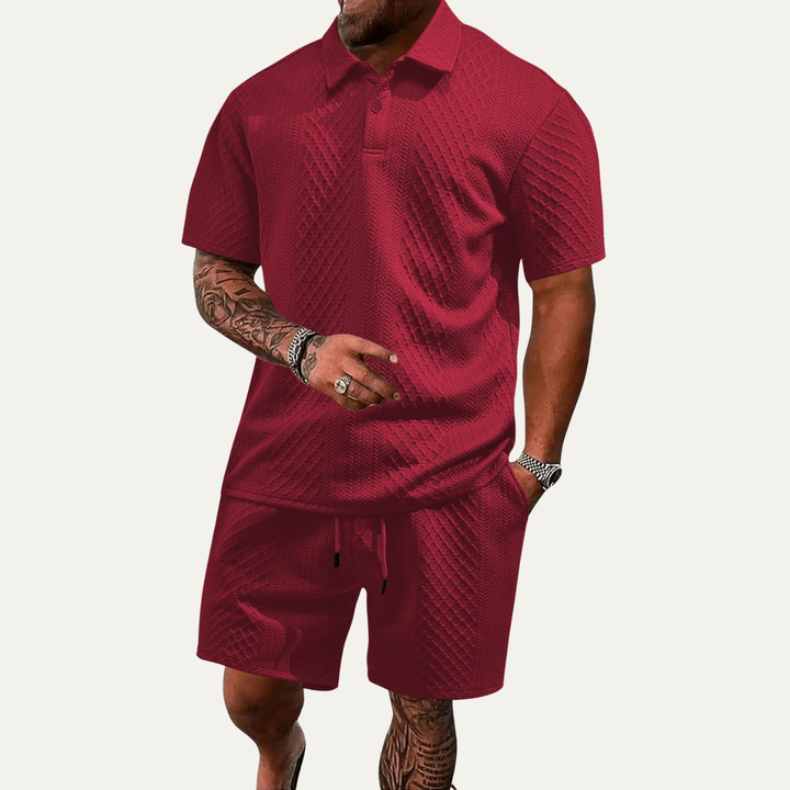 Men's smart-casual polo and shorts set full outfit view