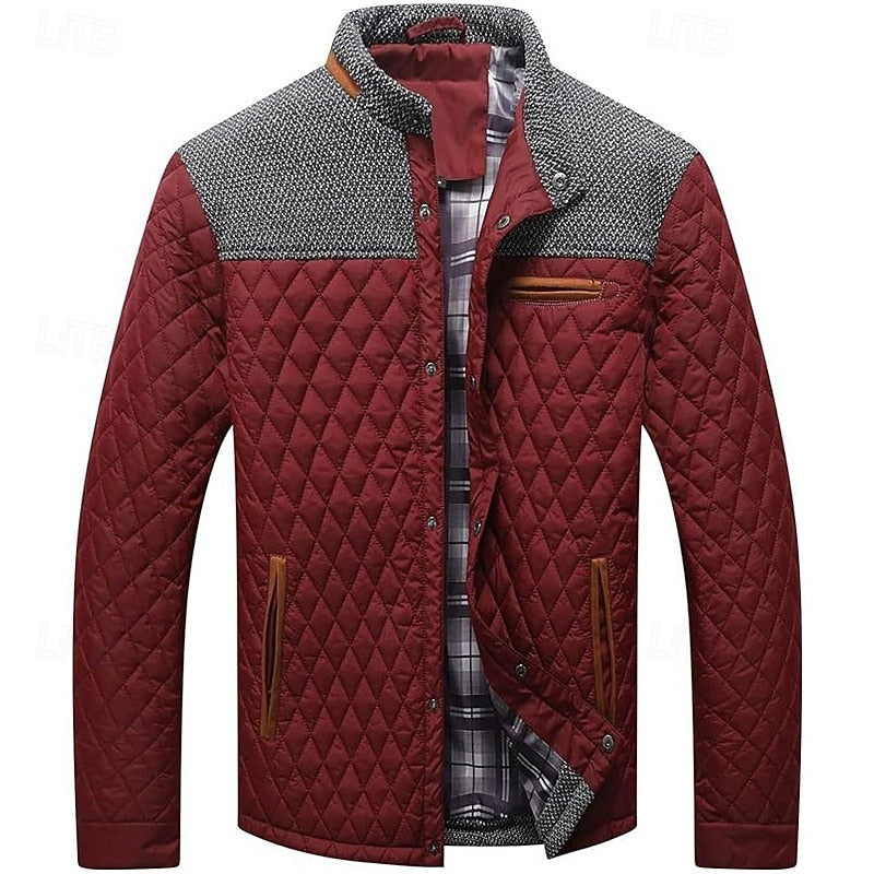 Detailed view of the jacket's stand collar and front fastening