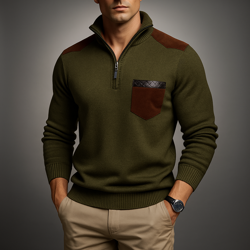 Men's cardigan showing the front buttons and neat neckline