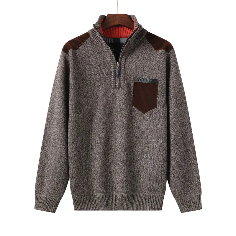 Men's relaxed cardigan shown with its comfortable sleeve shape