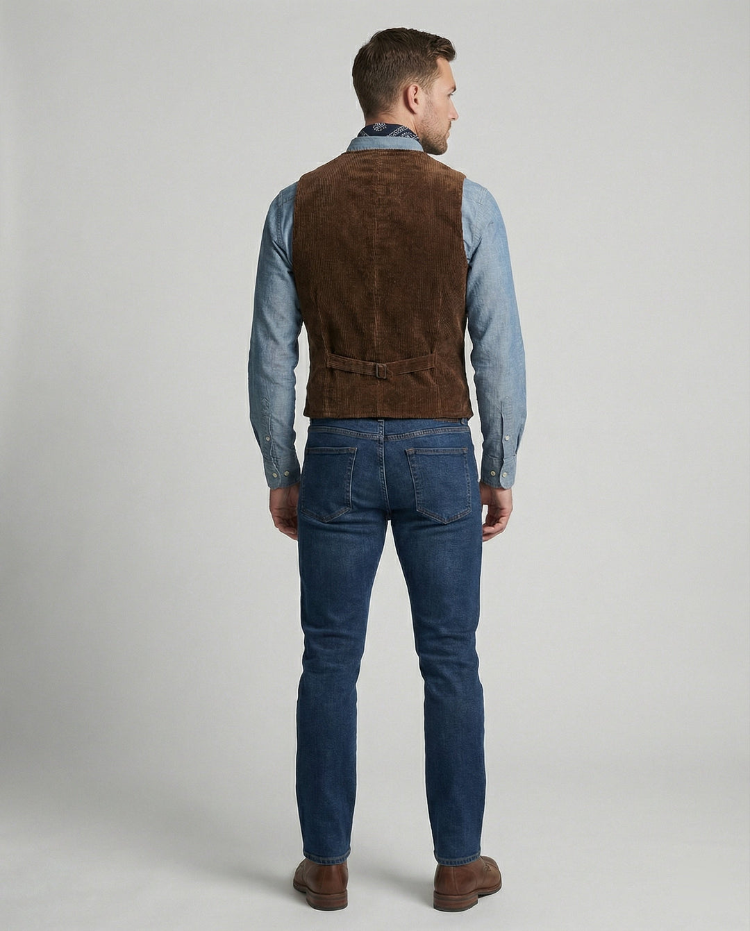 Front view of a men's corduroy waistcoat with button fastening