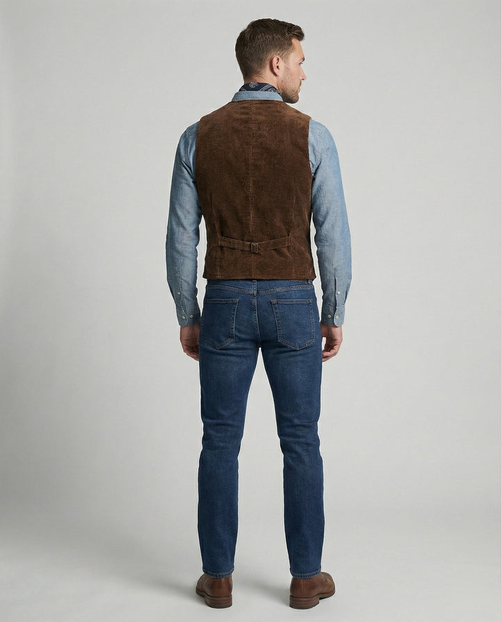 Front view of a men's corduroy waistcoat with button fastening