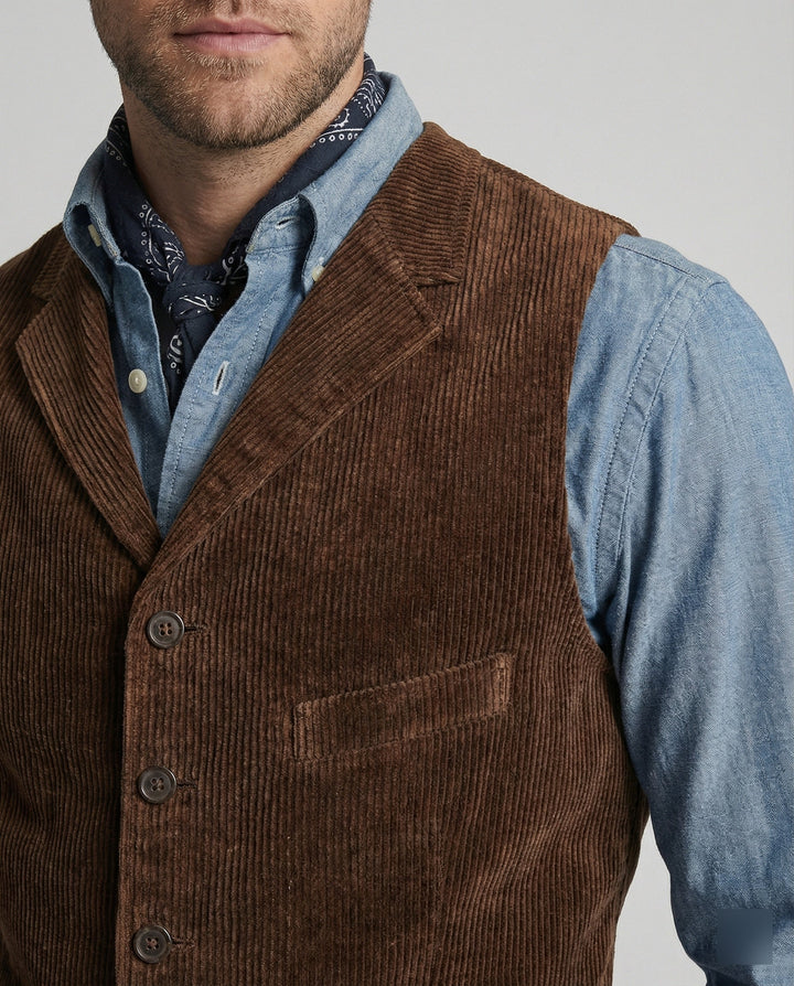 Men's corduroy waistcoat displaying its classic tailored fit