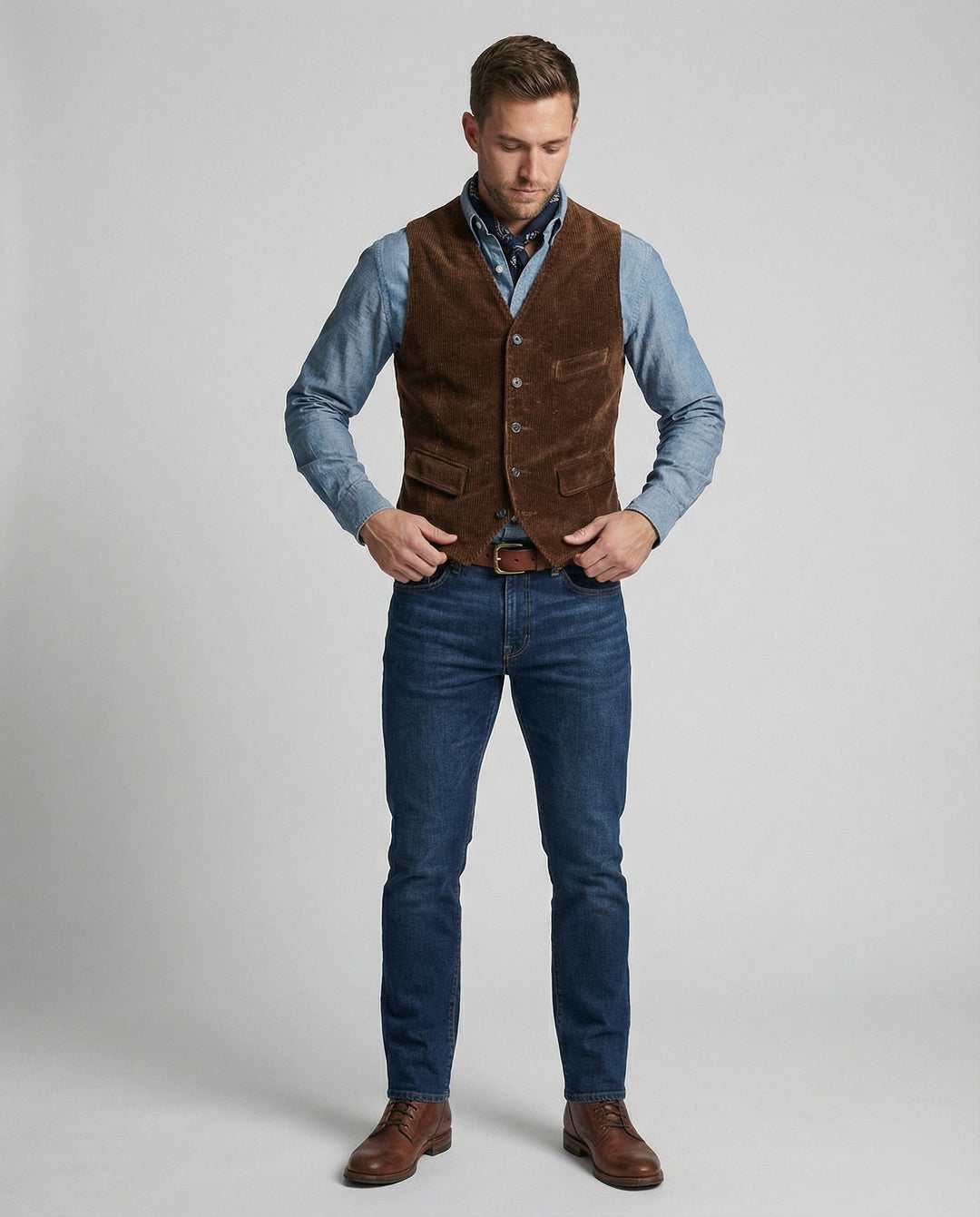 Close-up of the textured corduroy fabric on a men's waistcoat