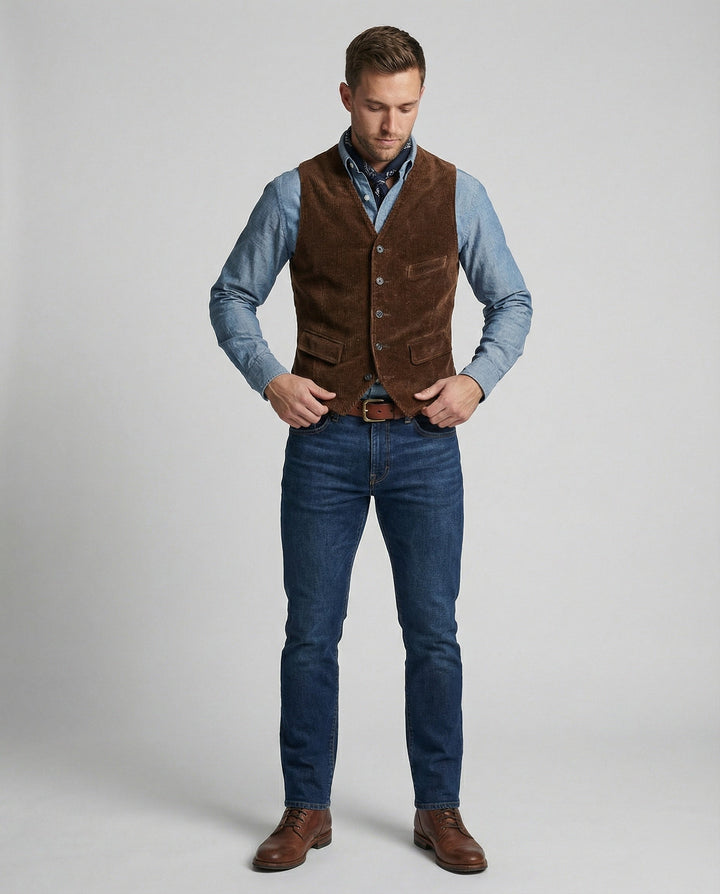 Close-up of the textured corduroy fabric on a men's waistcoat
