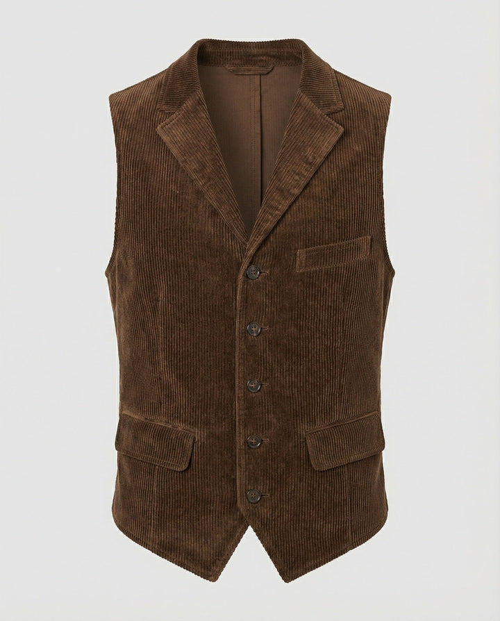 Men's corduroy waistcoat showing the structured neckline