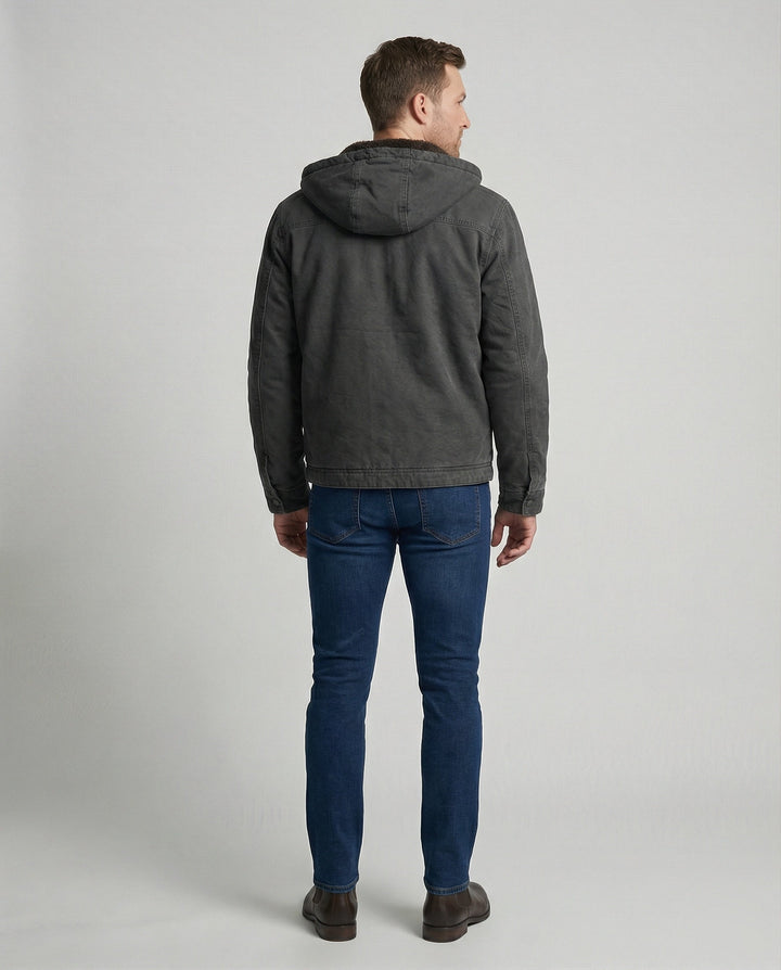 Back view of a lightweight men's jacket with a practical outdoor design