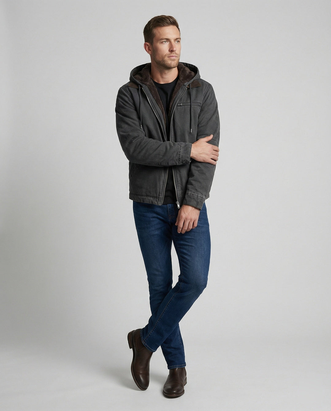 Side view of a men's full-zip jacket for casual outdoor wear