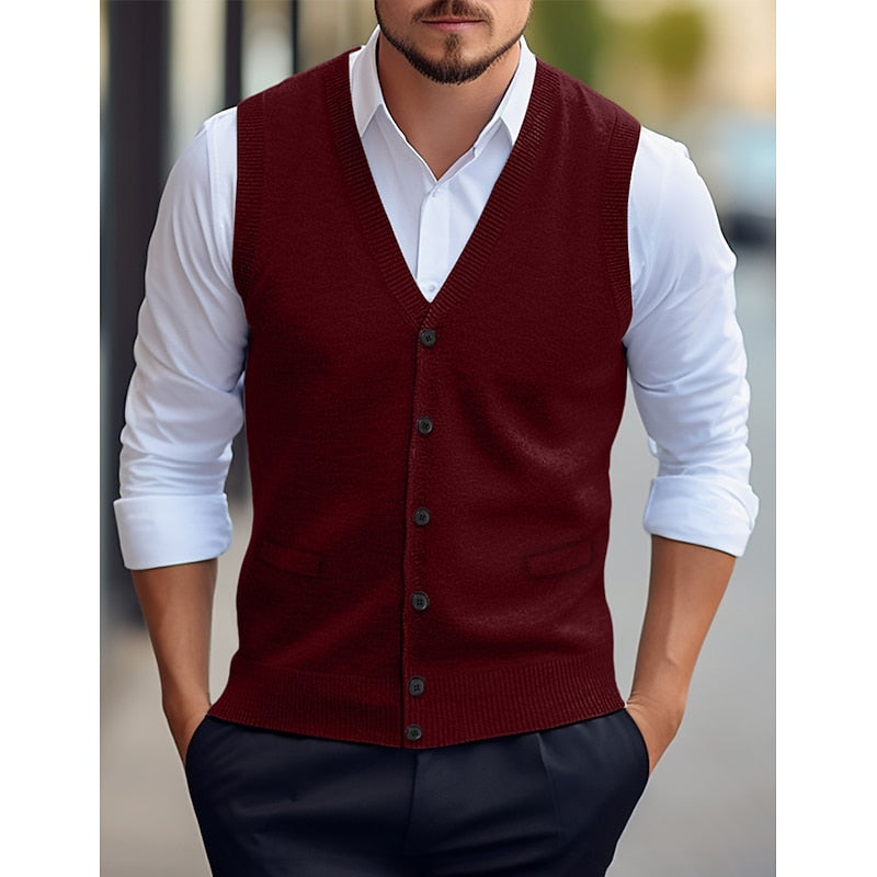 Men's V-neck knitted waistcoat shown from the front