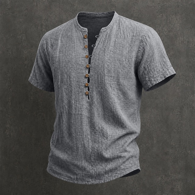 Men's Linen Short Sleeve Band Collar Shirt