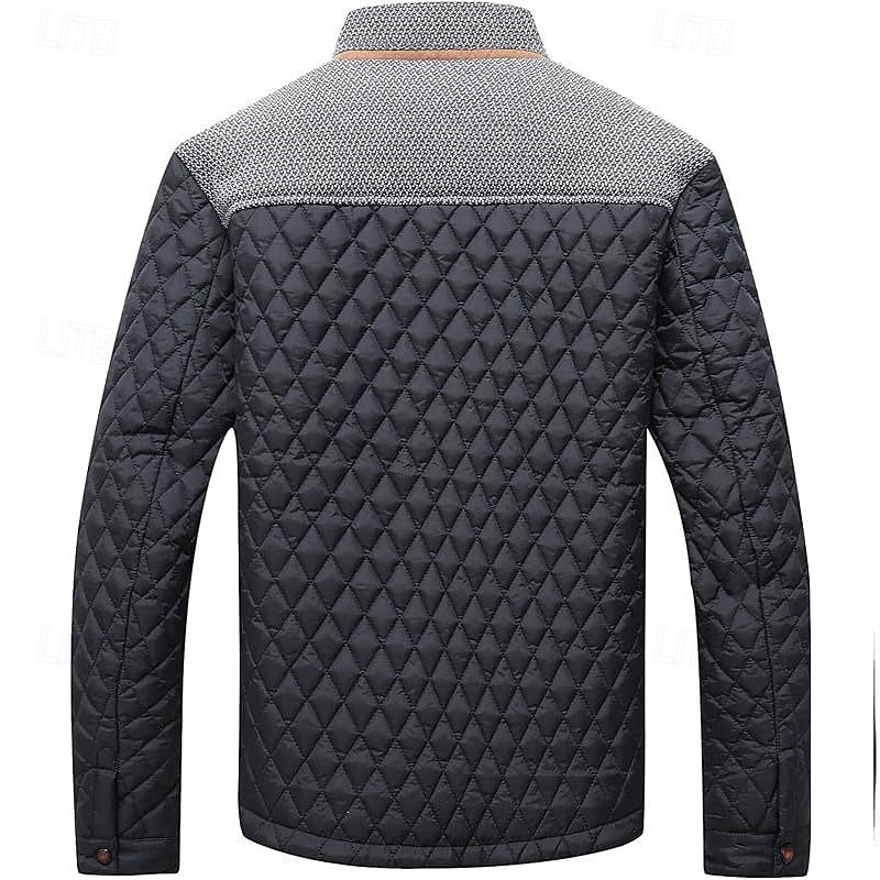 Side view of a men's quilted stand collar jacket