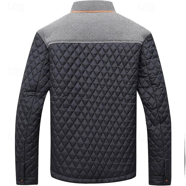 Side view of a men's quilted stand collar jacket