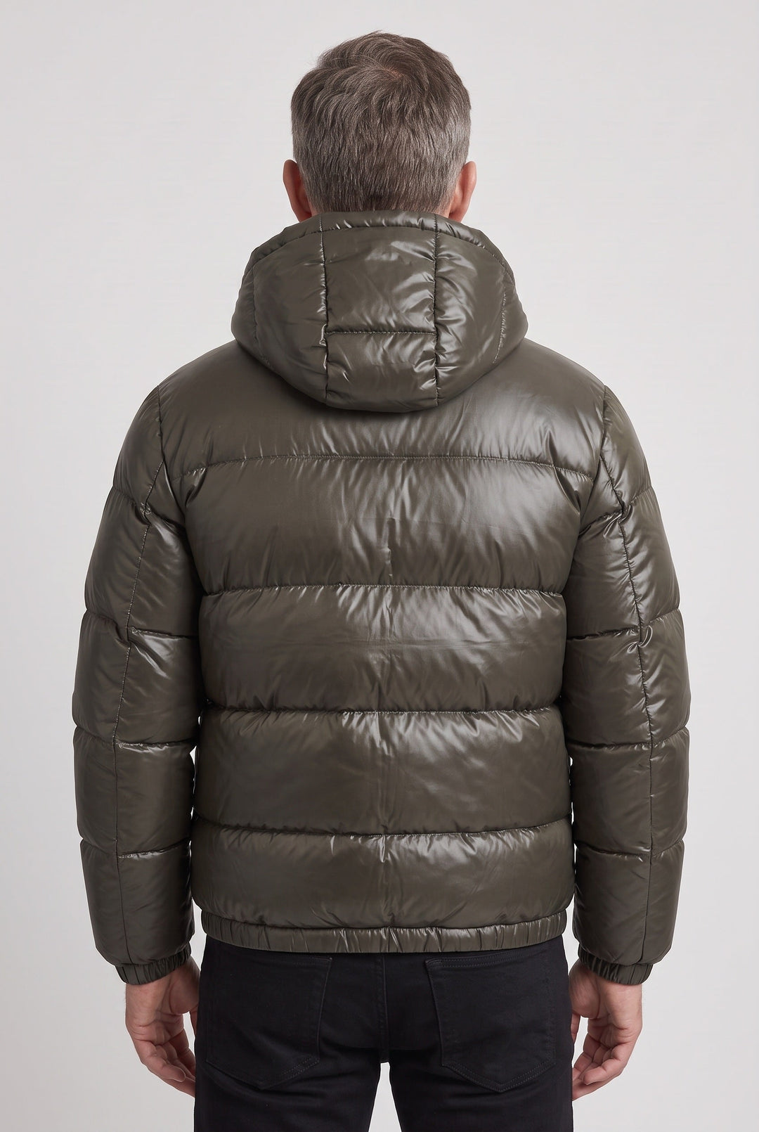 Men's quilted winter jacket showing its textured padded design