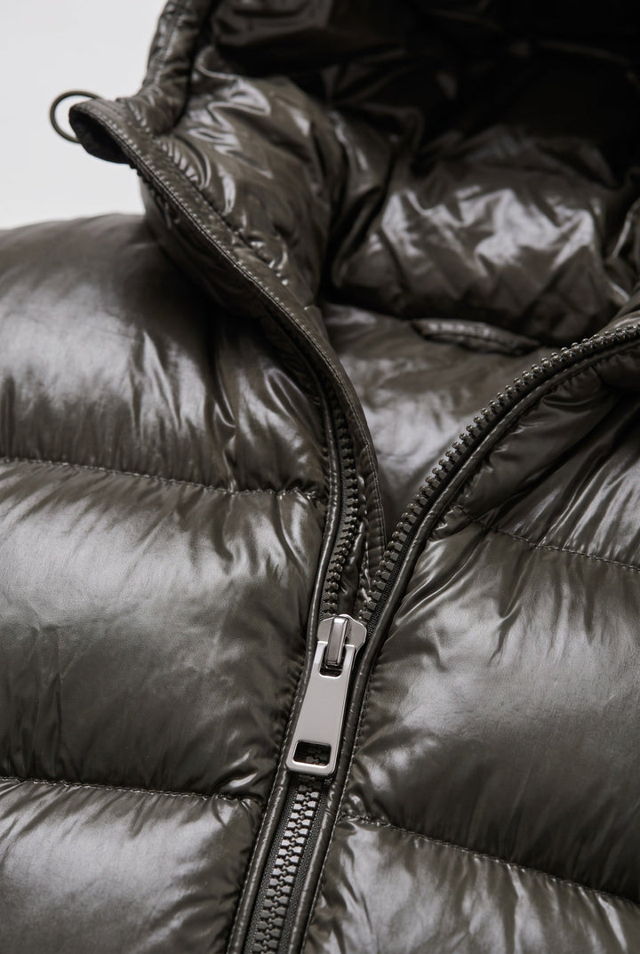 Close-up of the hood and quilted construction on a men's jacket