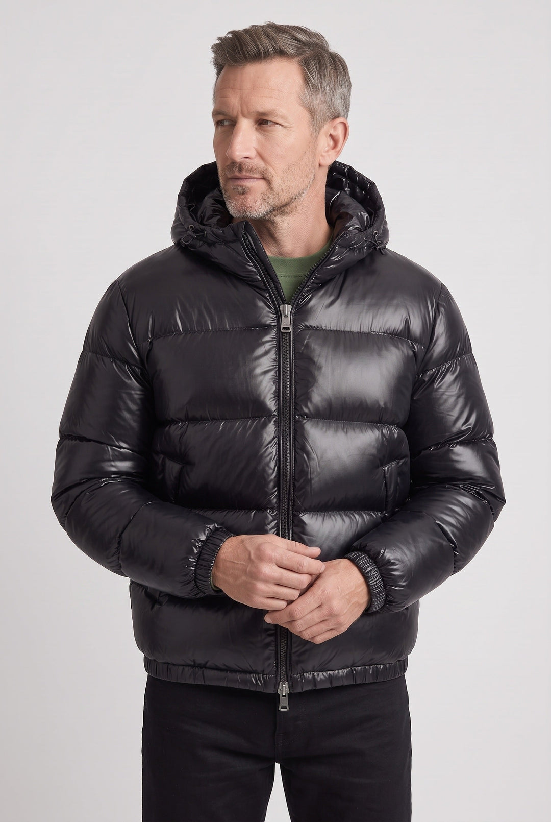 Front view of a men's padded jacket with a practical hood