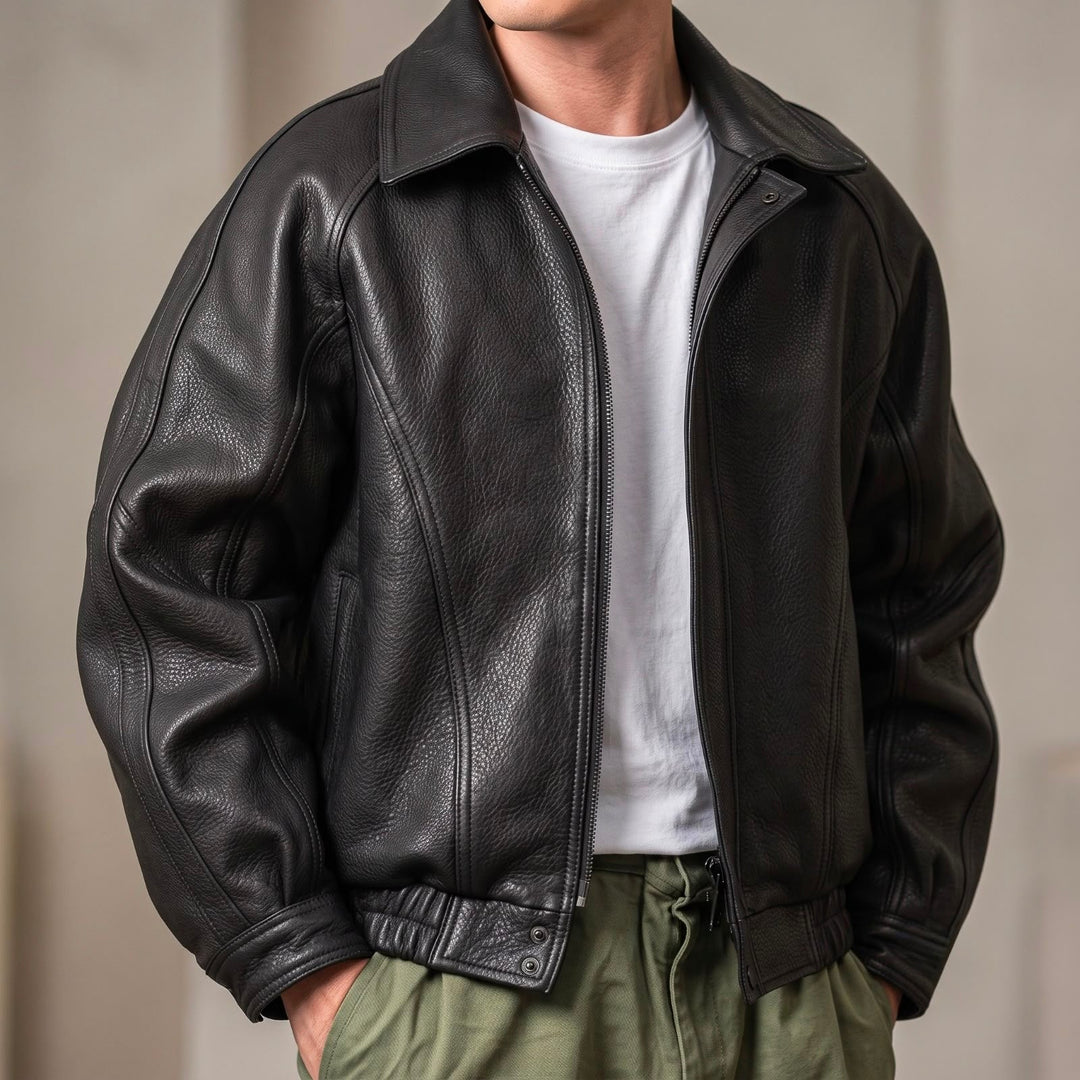 Men's leather jacket with a classic collar and front zip