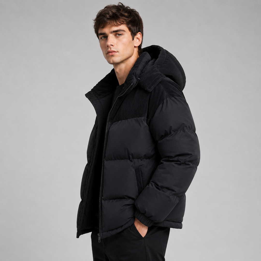 Side view of a men's oversized hooded jacket