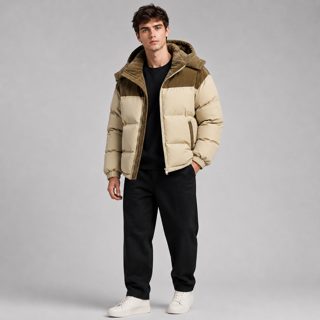 Back view of a quilted padded jacket for men