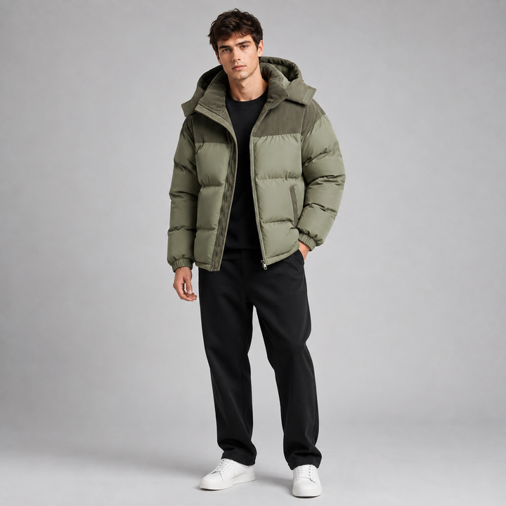 Men's winter jacket with a hood and quilted panels