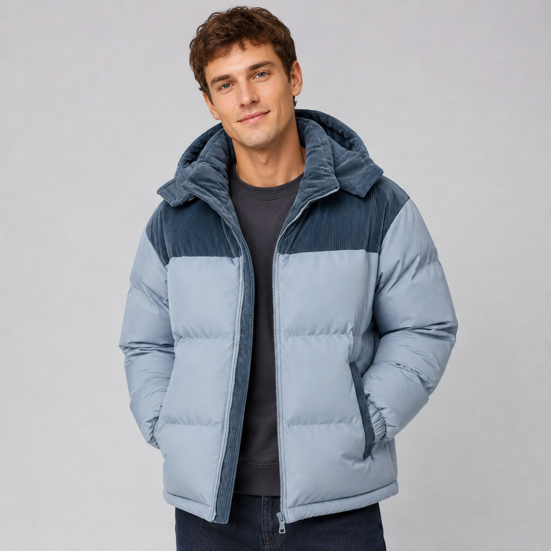 Quilted men's jacket with a practical attached hood