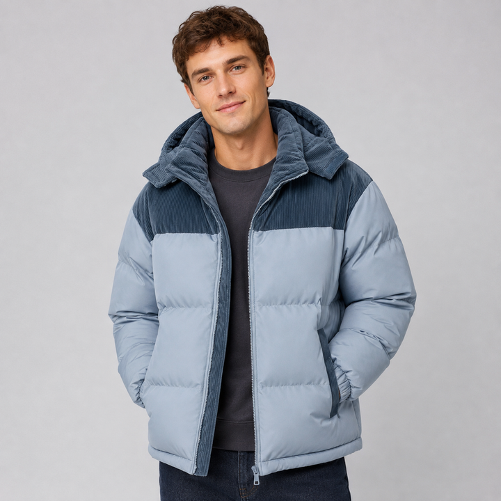 Quilted men's jacket with a practical attached hood