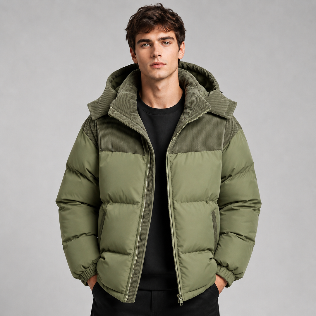 Men's padded jacket showing the oversized relaxed fit