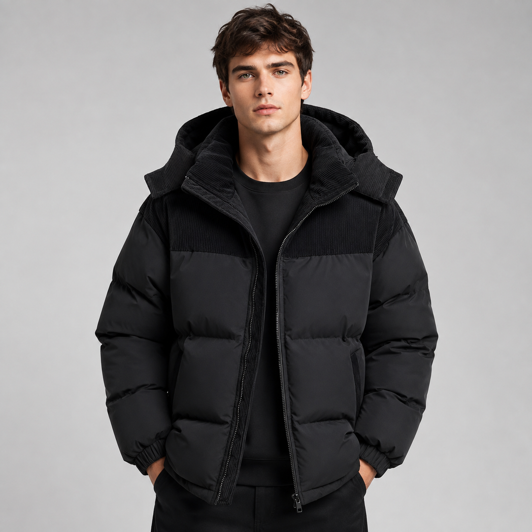 Men's oversized quilted padded jacket with a hood