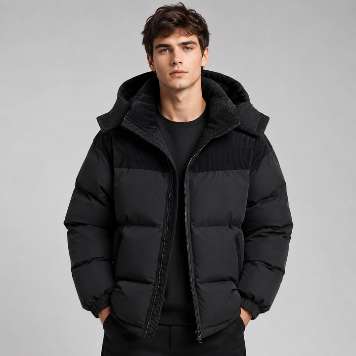 Men's oversized quilted padded jacket with a hood