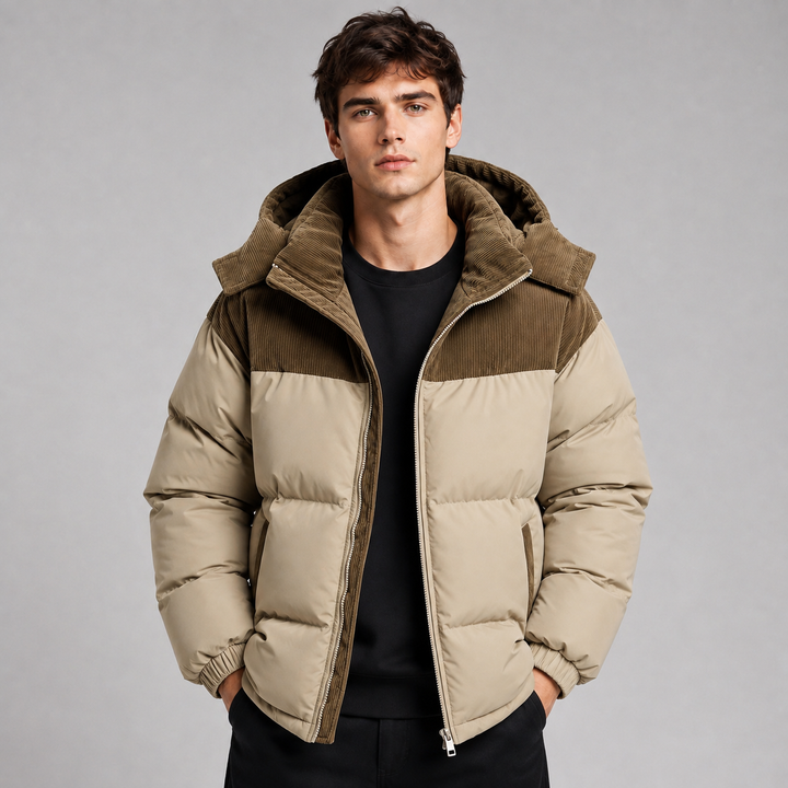 Front view of a men's hooded quilted jacket