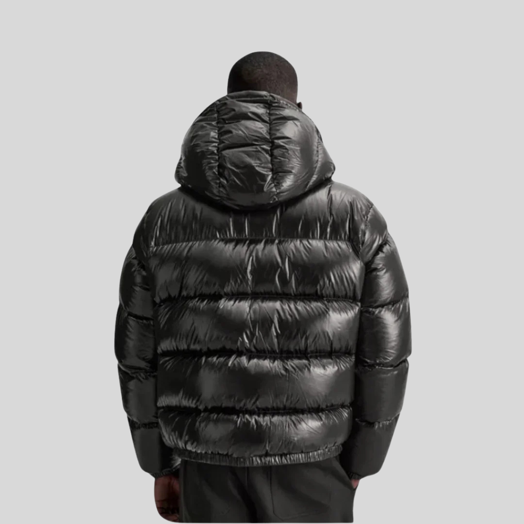 Men's hooded winter jacket shown from the back with quilted detailing