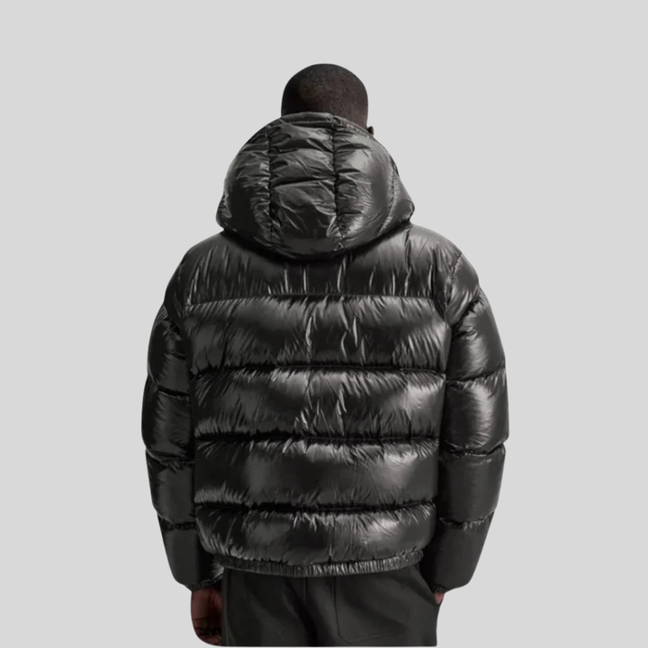 Men's hooded winter jacket shown from the back with quilted detailing