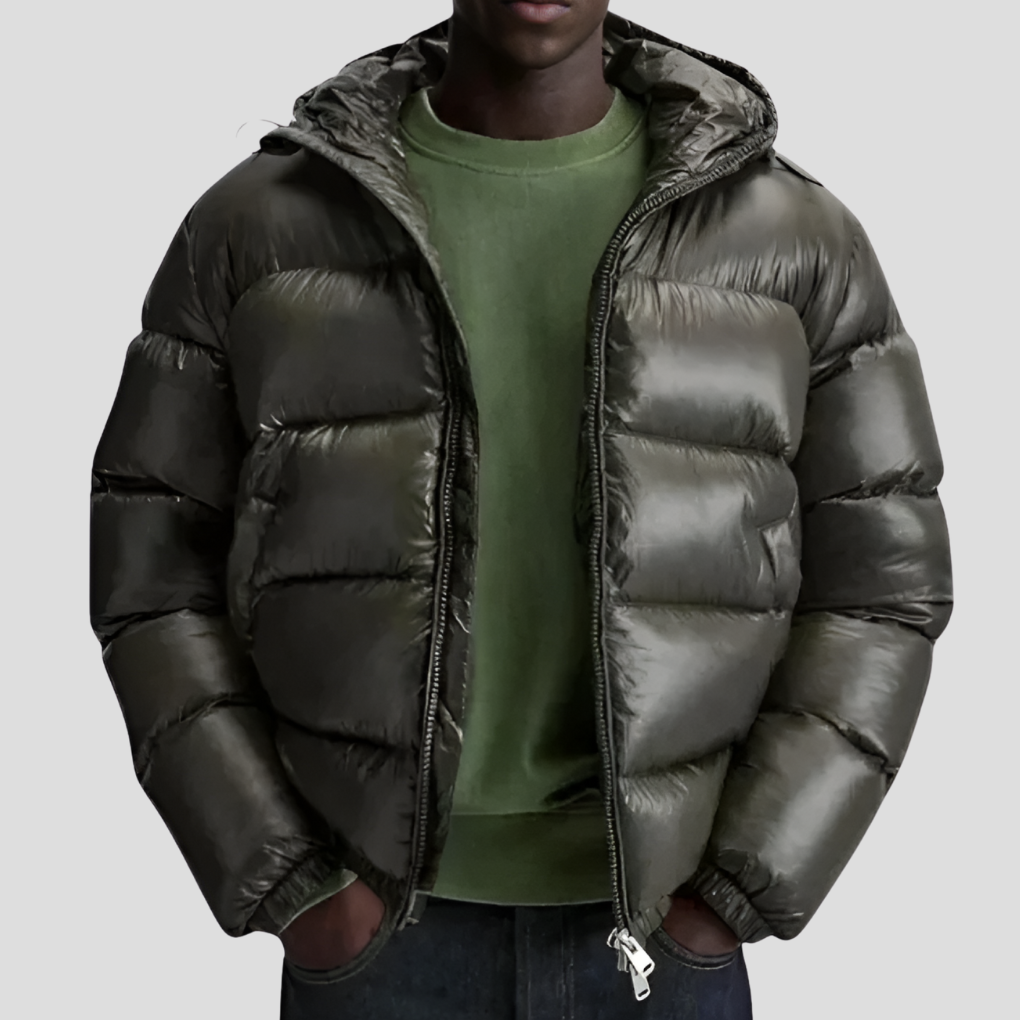 Close-up of the quilted texture and hood on a men's winter jacket