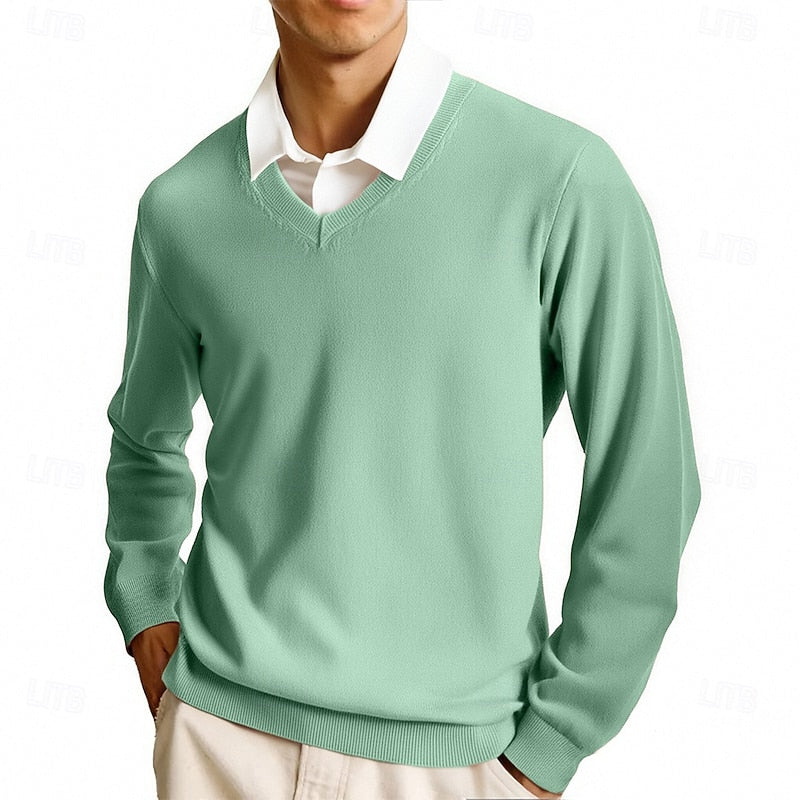 Fine knit texture visible on a men's V-neck jumper